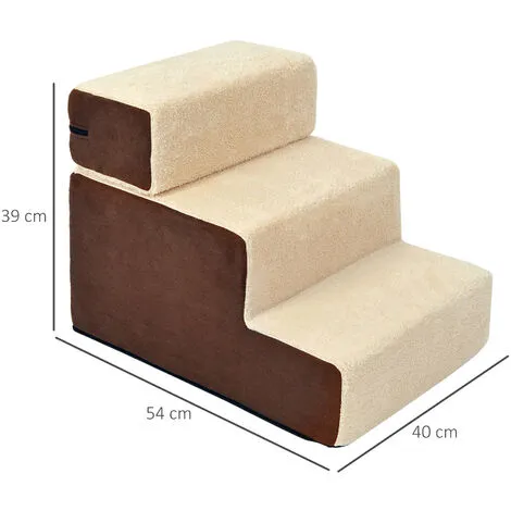 PawHut Escalier Pour Chien Animaux Rampe 2/3 Marches Déhoussable Dim. 54L X 40l X 39H Cm Mousse Haute Densité Tissu Peluche Courte Marron Crème - Marron 3 PawHut Escalier Pour Chien Animaux Rampe 2/3 Marches Déhoussable Dim. 54L X 40l X 39H Cm Mousse Haute Densité Tissu Peluche Courte Marron Crème - Marron – Image 3