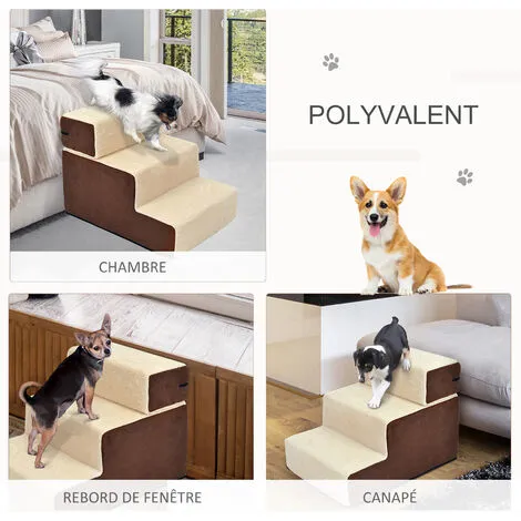 PawHut Escalier Pour Chien Animaux Rampe 2/3 Marches Déhoussable Dim. 54L X 40l X 39H Cm Mousse Haute Densité Tissu Peluche Courte Marron Crème - Marron 4 PawHut Escalier Pour Chien Animaux Rampe 2/3 Marches Déhoussable Dim. 54L X 40l X 39H Cm Mousse Haute Densité Tissu Peluche Courte Marron Crème - Marron – Image 4