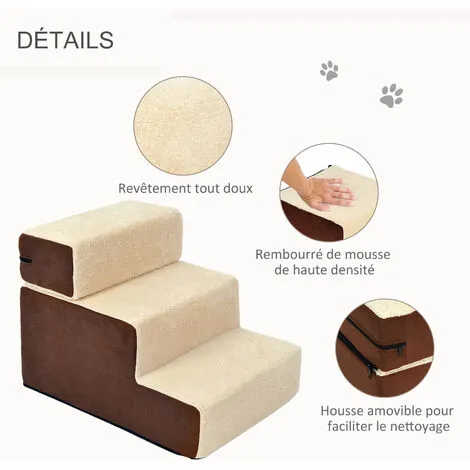PawHut Escalier Pour Chien Animaux Rampe 2/3 Marches Déhoussable Dim. 54L X 40l X 39H Cm Mousse Haute Densité Tissu Peluche Courte Marron Crème - Marron 5 PawHut Escalier Pour Chien Animaux Rampe 2/3 Marches Déhoussable Dim. 54L X 40l X 39H Cm Mousse Haute Densité Tissu Peluche Courte Marron Crème - Marron – Image 5