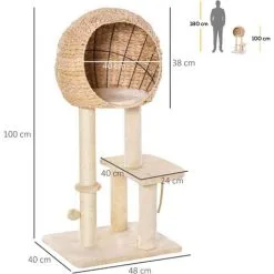 PawHut Arbre à Chats Style Cosy Chic Griffoir Sisal Naturel Grande Niche Plateformes Jeu Boule Corde Escalade Peluche Courte Massette Beige -PawHut Soldes Boutique 31459145 3