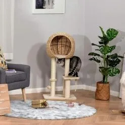PawHut Arbre à Chats Style Cosy Chic Griffoir Sisal Naturel Grande Niche Plateformes Jeu Boule Corde Escalade Peluche Courte Massette Beige -PawHut Soldes Boutique 31459145 4