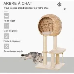 PawHut Arbre à Chats Style Cosy Chic Griffoir Sisal Naturel Grande Niche Plateformes Jeu Boule Corde Escalade Peluche Courte Massette Beige -PawHut Soldes Boutique 31459145 5