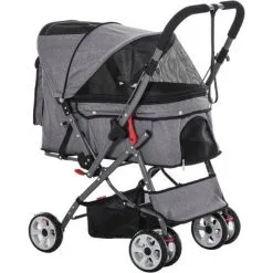 PawHut Poussette Buggy Pliable Chien Chat Panier Et Sac De Rangement Attaches Sécurité Housse Réglable Poignée Réversible Acier Oxford Gris Chiné Noir - Gris