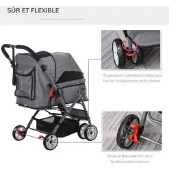 PawHut Poussette Buggy Pliable Chien Chat Panier Et Sac De Rangement Attaches Sécurité Housse Réglable Poignée Réversible Acier Oxford Gris Chiné Noir - Gris -PawHut Soldes Boutique 31931669 5