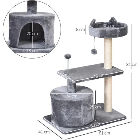 PawHut Arbre à Chats Griffoir Sisal Naturel Centre D'activités Niche Plateformes Jeu Boule Suspendue Et à Ressort Gris - Gris 3 PawHut Arbre à Chats Griffoir Sisal Naturel Centre D'activités Niche Plateformes Jeu Boule Suspendue Et à Ressort Gris - Gris – Image 3