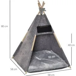 PawHut Tente Tipi Pour Animaux - Teepee Chat Ou Chien - Coussin épais Grand Confort Inclus - Structure Bois De Pin Feutre Peluche PV Gris -PawHut Soldes Boutique 33749251 3