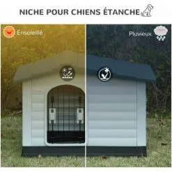 PawHut Niche Chien Style Cottage Dim. 91L X 69l X 66H Cm Petite Porte Grillagée + Grande Porte Latérale Verrouillable PP Blanc Gris Noir -PawHut Soldes Boutique 34757572 4