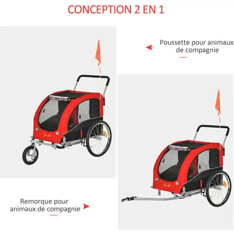 PawHut Jogger Remorque Vélo 2 En 1 Pour Animaux Drapeau Roue Avant Pivotante Réflecteurs Et Barre D'attelage Inclus Rouge Noir - Rouge 4 PawHut Jogger Remorque Vélo 2 En 1 Pour Animaux Drapeau Roue Avant Pivotante Réflecteurs Et Barre D'attelage Inclus Rouge Noir - Rouge – Image 4