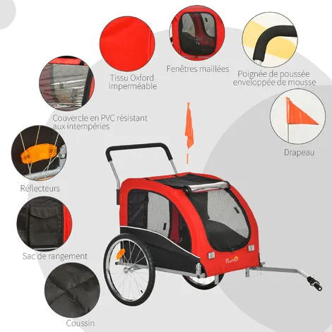 PawHut Jogger Remorque Vélo 2 En 1 Pour Animaux Drapeau Roue Avant Pivotante Réflecteurs Et Barre D'attelage Inclus Rouge Noir - Rouge 5 PawHut Jogger Remorque Vélo 2 En 1 Pour Animaux Drapeau Roue Avant Pivotante Réflecteurs Et Barre D'attelage Inclus Rouge Noir - Rouge – Image 5