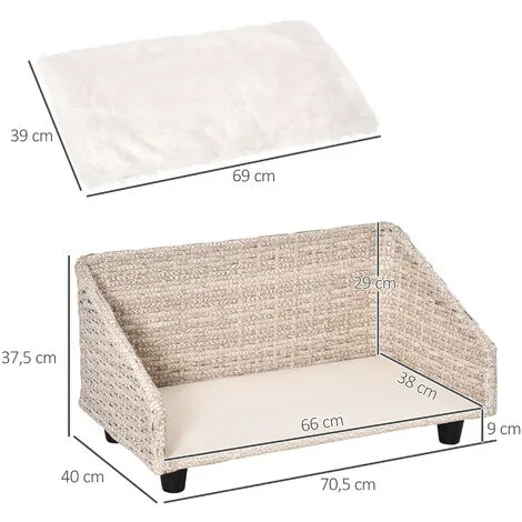 PawHut Canapé Chien Chat Style Cosy Chic Avec Coussin Aspect Fourrure Blanc - Dim. 70L X 40l X 37H Cm - Résine Tressée Beige 3 PawHut Canapé Chien Chat Style Cosy Chic Avec Coussin Aspect Fourrure Blanc - Dim. 70L X 40l X 37H Cm - Résine Tressée Beige – Image 3