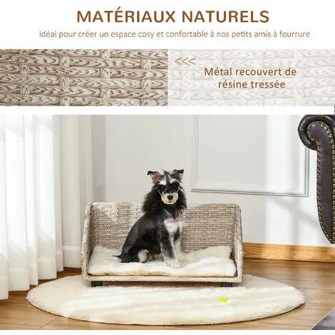 PawHut Canapé Chien Chat Style Cosy Chic Avec Coussin Aspect Fourrure Blanc - Dim. 70L X 40l X 37H Cm - Résine Tressée Beige 5 PawHut Canapé Chien Chat Style Cosy Chic Avec Coussin Aspect Fourrure Blanc - Dim. 70L X 40l X 37H Cm - Résine Tressée Beige – Image 5