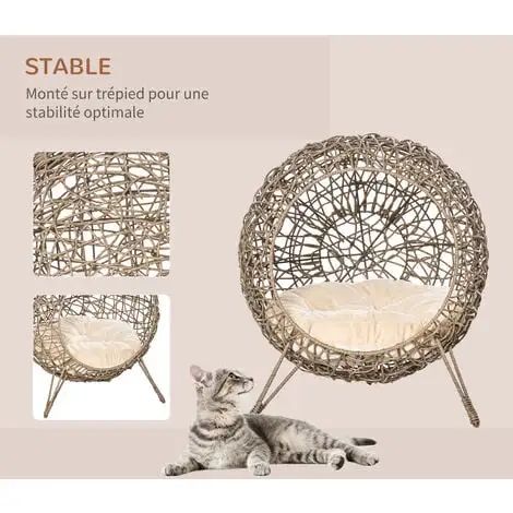 PawHut Panier Chat Lit Chat Cosy Grand Confort Dim. Ø 52 X 58H Cm Coussin Moelleux Inclus Résine Tressée Imitation Rotin Grège - Grège 4 PawHut Panier Chat Lit Chat Cosy Grand Confort Dim. Ø 52 X 58H Cm Coussin Moelleux Inclus Résine Tressée Imitation Rotin Grège - Grège – Image 4