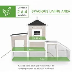 PawHut Poulailler Cottage Cage à Poules Sur Pied Dim. 235L X 83l X 171H Cm Multi-équipement Toits Bitumés Bois Sapin Blanc Gris -PawHut Soldes Boutique 38154194 4