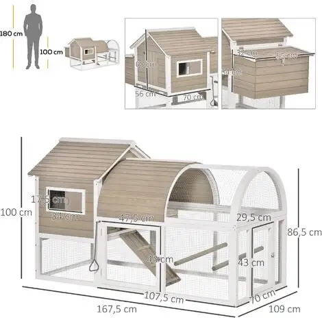 PawHut Poulailler Cottage Cage à Poules Sur Pied Dim. 167L X 109l X 100H Cm Multi-équipement Bois Sapin Blanc Gris - Gris 3 PawHut Poulailler Cottage Cage à Poules Sur Pied Dim. 167L X 109l X 100H Cm Multi-équipement Bois Sapin Blanc Gris - Gris – Image 3