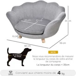 PawHut Canapé Chien Lit Pour Chien Design Contemporain Coquillage Coussin Moelleux Amovible Piètement Bois De Pin Gris -PawHut Soldes Boutique 42169142 3