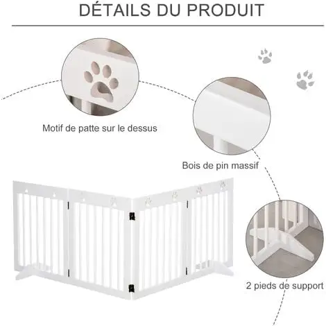 PawHut Barrière De Sécurité Pour Animaux - Barrière Modulable Pliable 4 Panneaux - Motif Patte - 2 Pieds Support - Bois De Pin Blanc 5 PawHut Barrière De Sécurité Pour Animaux - Barrière Modulable Pliable 4 Panneaux - Motif Patte - 2 Pieds Support - Bois De Pin Blanc – Image 5