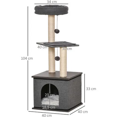 PawHut Arbre à Chat Centre D'activité Griffoirs Grattoirs H104 Cm Gris - Gris 3 PawHut Arbre à Chat Centre D'activité Griffoirs Grattoirs H104 Cm Gris - Gris – Image 3