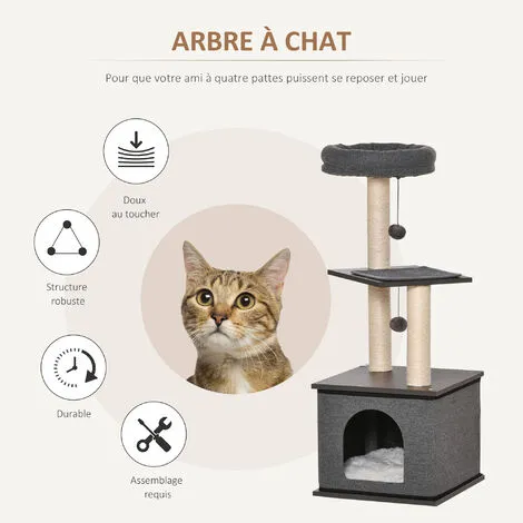 PawHut Arbre à Chat Centre D'activité Griffoirs Grattoirs H104 Cm Gris - Gris 4 PawHut Arbre à Chat Centre D'activité Griffoirs Grattoirs H104 Cm Gris - Gris – Image 4