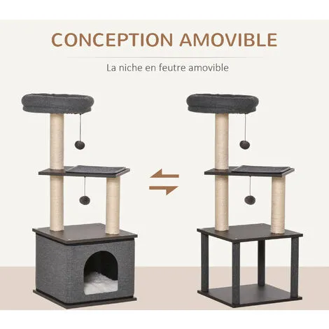 PawHut Arbre à Chat Centre D'activité Griffoirs Grattoirs H104 Cm Gris - Gris 5 PawHut Arbre à Chat Centre D'activité Griffoirs Grattoirs H104 Cm Gris - Gris – Image 5