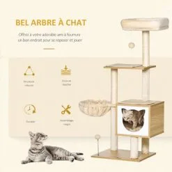 PawHut Arbre à Chat Multi-équipement Griffoirs Grattoirs Niche Hamac Panier Coussins Amovibles H126 Cm Peluche Courte Sisal Naturel Beige -PawHut Soldes Boutique 42169162 4