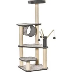 PawHut Arbre à Chats Multi-équipements H130 Cm Griffoirs Grattoirs Plateformes Tunnel Jeu Boules Suspendues Polyester Gris - Gris