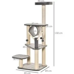 PawHut Arbre à Chats Multi-équipements H130 Cm Griffoirs Grattoirs Plateformes Tunnel Jeu Boules Suspendues Polyester Gris - Gris -PawHut Soldes Boutique 42502411 3