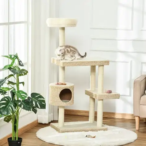PawHut Arbre à Chats Style Cosy Chic H135 Cm Griffoirs Sisal Naturel Niche Plateformes Peluche Courte Bicolore Beige Café 2 PawHut Arbre à Chats Style Cosy Chic H135 Cm Griffoirs Sisal Naturel Niche Plateformes Peluche Courte Bicolore Beige Café – Image 2
