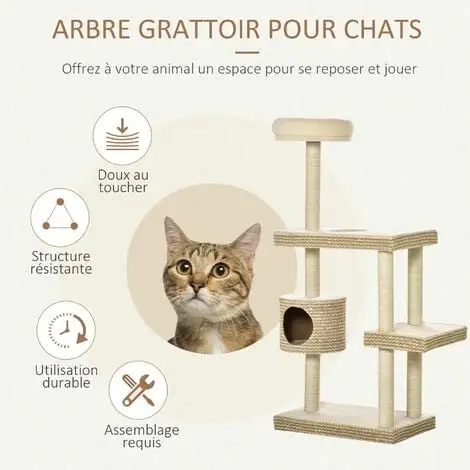 PawHut Arbre à Chats Style Cosy Chic H135 Cm Griffoirs Sisal Naturel Niche Plateformes Peluche Courte Bicolore Beige Café 4 PawHut Arbre à Chats Style Cosy Chic H135 Cm Griffoirs Sisal Naturel Niche Plateformes Peluche Courte Bicolore Beige Café – Image 4