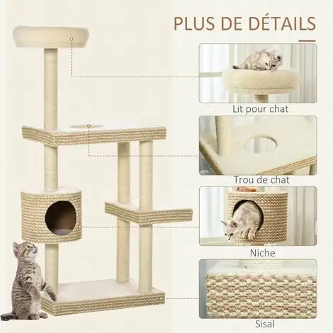 PawHut Arbre à Chats Style Cosy Chic H135 Cm Griffoirs Sisal Naturel Niche Plateformes Peluche Courte Bicolore Beige Café 5 PawHut Arbre à Chats Style Cosy Chic H135 Cm Griffoirs Sisal Naturel Niche Plateformes Peluche Courte Bicolore Beige Café – Image 5
