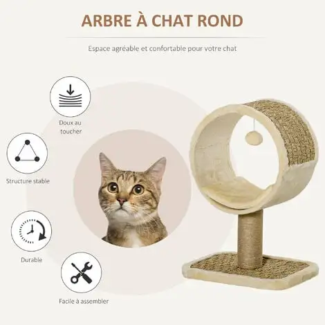 PawHut Arbre à Chat Rond Style Cosy Chic Griffoir Grattoirs Sisal Jeu Suspendu Souris Niche Avec Coussin Cordes D'algues Tressées Peluche Courte Beige 4 PawHut Arbre à Chat Rond Style Cosy Chic Griffoir Grattoirs Sisal Jeu Suspendu Souris Niche Avec Coussin Cordes D'algues Tressées Peluche Courte Beige – Image 4