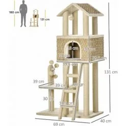 PawHut Arbre à Chats Style Cosy Chic Griffoirs Sisal Naturel Grande Niche Plateforme échelle Jeu Boules Tourniquet Peluche Courte Cordes D'algues Tressées - Beige -PawHut Soldes Boutique 42502414 3