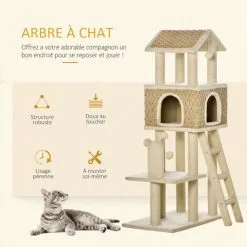 PawHut Arbre à Chats Style Cosy Chic Griffoirs Sisal Naturel Grande Niche Plateforme échelle Jeu Boules Tourniquet Peluche Courte Cordes D'algues Tressées - Beige -PawHut Soldes Boutique 42502414 5