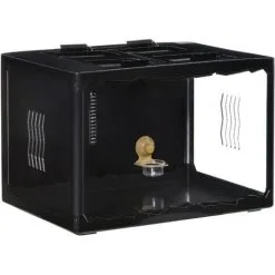 PawHut Terrarium En Verre - Vivarium Reptiles & Batraciens - Habitat Tortue - Couvercle Grillagé 2 Parties Amovibles - Distributeur Eau, Thermomètre, 2 Douilles Inclus - ABS Acrylique Noir