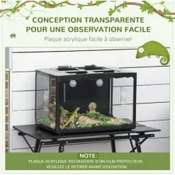 PawHut Terrarium En Verre - Vivarium Reptiles & Batraciens - Habitat Tortue - Couvercle Grillagé 2 Parties Amovibles - Distributeur Eau, Thermomètre, 2 Douilles Inclus - ABS Acrylique Noir -PawHut Soldes Boutique 43542921 4