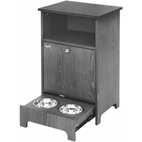PawHut Meuble De Rangement Pour Animaux - Autopetfeeder Station - Placard Porte Basculante - Niche - Tiroir Coulissant 2 Gamelles Acier Inox. Intégrées - Aspect Bois Gris - Gris 1 PawHut Meuble De Rangement Pour Animaux - Autopetfeeder Station - Placard Porte Basculante - Niche - Tiroir Coulissant 2 Gamelles Acier Inox. Intégrées - Aspect Bois Gris - Gris