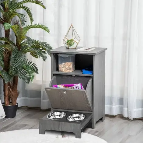PawHut Meuble De Rangement Pour Animaux - Autopetfeeder Station - Placard Porte Basculante - Niche - Tiroir Coulissant 2 Gamelles Acier Inox. Intégrées - Aspect Bois Gris - Gris 2 PawHut Meuble De Rangement Pour Animaux - Autopetfeeder Station - Placard Porte Basculante - Niche - Tiroir Coulissant 2 Gamelles Acier Inox. Intégrées - Aspect Bois Gris - Gris – Image 2