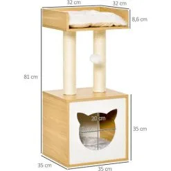 PawHut Arbre à Chat 2 Griffoirs Niche Entrée Tête De Chat Plateforme D'observation Jouet Suspendu Coussins Amovibles Peluche Grande Douceur Aspect Bois Clair - Beige -PawHut Soldes Boutique 44066364 3