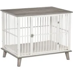 PawHut Cage Pour Chien Animaux Sur Pied - Dim. 86L X 60l X 70H Cm - Grand Coussin Peluche Courte Inclus - Porte Verrouillable - Acier Blanc Panneaux Particules Aspect Bois Gris - Gris