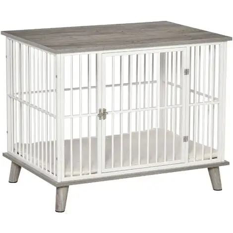 PawHut Cage Pour Chien Animaux Sur Pied - Dim. 86L X 60l X 70H Cm - Grand Coussin Peluche Courte Inclus - Porte Verrouillable - Acier Blanc Panneaux Particules Aspect Bois Gris - Gris 1 PawHut Cage Pour Chien Animaux Sur Pied - Dim. 86L X 60l X 70H Cm - Grand Coussin Peluche Courte Inclus - Porte Verrouillable - Acier Blanc Panneaux Particules Aspect Bois Gris - Gris