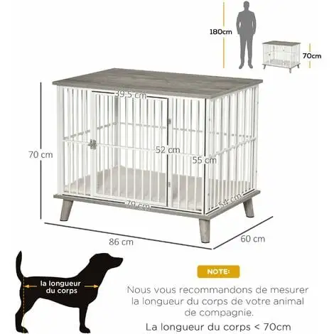 PawHut Cage Pour Chien Animaux Sur Pied - Dim. 86L X 60l X 70H Cm - Grand Coussin Peluche Courte Inclus - Porte Verrouillable - Acier Blanc Panneaux Particules Aspect Bois Gris - Gris 3 PawHut Cage Pour Chien Animaux Sur Pied - Dim. 86L X 60l X 70H Cm - Grand Coussin Peluche Courte Inclus - Porte Verrouillable - Acier Blanc Panneaux Particules Aspect Bois Gris - Gris – Image 3
