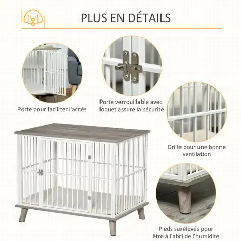 PawHut Cage Pour Chien Animaux Sur Pied - Dim. 86L X 60l X 70H Cm - Grand Coussin Peluche Courte Inclus - Porte Verrouillable - Acier Blanc Panneaux Particules Aspect Bois Gris - Gris 5 PawHut Cage Pour Chien Animaux Sur Pied - Dim. 86L X 60l X 70H Cm - Grand Coussin Peluche Courte Inclus - Porte Verrouillable - Acier Blanc Panneaux Particules Aspect Bois Gris - Gris – Image 5