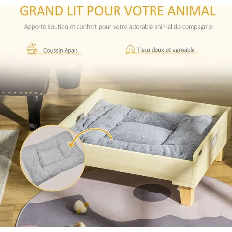 PawHut Canapé Panier Design Chien Chat Dim. 65L X 53l X 25H Cm Piètement Bois De Pin Coussin Gris Peluche Douce Inclus MDF Aspect Bois Clair - Beige 4 PawHut Canapé Panier Design Chien Chat Dim. 65L X 53l X 25H Cm Piètement Bois De Pin Coussin Gris Peluche Douce Inclus MDF Aspect Bois Clair - Beige – Image 4