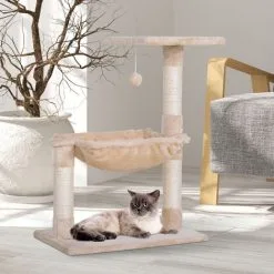 PawHut Arbre à Chat 3 Griffoirs Grattoirs Sisal Naturel Plateforme Hamac Et Boule Suspendue Dim. 50L X 36l X 70H Cm Peluche Haute Densité 220 G/m² Beige - Beige -PawHut Soldes Boutique 45847837 2