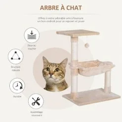 PawHut Arbre à Chat 3 Griffoirs Grattoirs Sisal Naturel Plateforme Hamac Et Boule Suspendue Dim. 50L X 36l X 70H Cm Peluche Haute Densité 220 G/m² Beige - Beige -PawHut Soldes Boutique 45847837 4