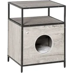 PawHut Maison De Toilette Pour Chat Style Contemporain Coussin Peluche Douce Inclus Châssis Acier Noir Aspect Bois Gris - Gris