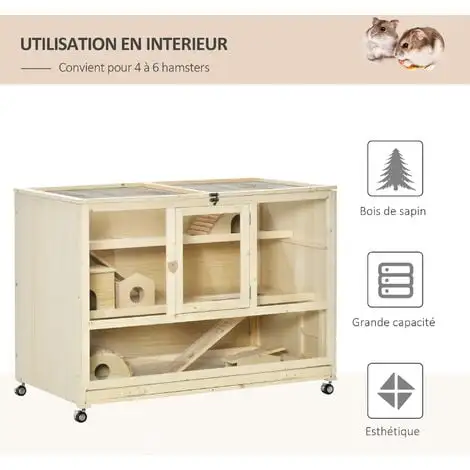 PawHut Cage XXL Pour Hamsters Souris Petits Rongeurs 3 Niveaux Multi-équipement Bascule Rampes Cottages Tiroir Excrément Roulettes Bois De Sapin Plexiglas Métal - Beige 4 PawHut Cage XXL Pour Hamsters Souris Petits Rongeurs 3 Niveaux Multi-équipement Bascule Rampes Cottages Tiroir Excrément Roulettes Bois De Sapin Plexiglas Métal - Beige – Image 4
