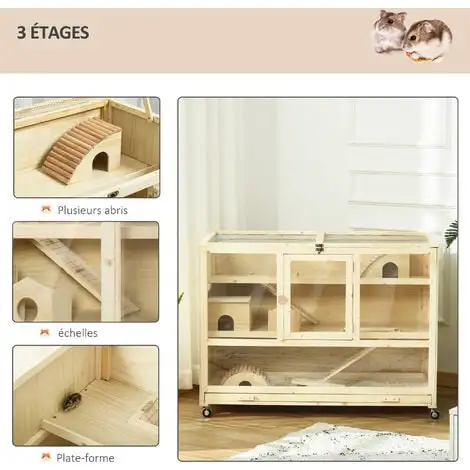 PawHut Cage XXL Pour Hamsters Souris Petits Rongeurs 3 Niveaux Multi-équipement Bascule Rampes Cottages Tiroir Excrément Roulettes Bois De Sapin Plexiglas Métal - Beige 5 PawHut Cage XXL Pour Hamsters Souris Petits Rongeurs 3 Niveaux Multi-équipement Bascule Rampes Cottages Tiroir Excrément Roulettes Bois De Sapin Plexiglas Métal - Beige – Image 5
