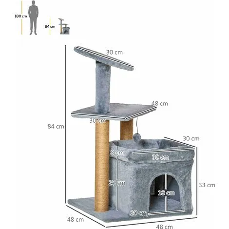 PawHut Arbre à Chat Griffoirs Grattoir Jute Naturelle Centre D'activités Niche Panier Plateforme Jeu Boule Suspendue Peluche Douce Gris 3 PawHut Arbre à Chat Griffoirs Grattoir Jute Naturelle Centre D'activités Niche Panier Plateforme Jeu Boule Suspendue Peluche Douce Gris – Image 3
