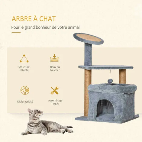 PawHut Arbre à Chat Griffoirs Grattoir Jute Naturelle Centre D'activités Niche Panier Plateforme Jeu Boule Suspendue Peluche Douce Gris 4 PawHut Arbre à Chat Griffoirs Grattoir Jute Naturelle Centre D'activités Niche Panier Plateforme Jeu Boule Suspendue Peluche Douce Gris – Image 4