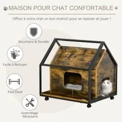 PawHut Maison Pour Chat Design Industriel - Niche Chat Sur Roulettes - Grand Coussin Inclus - Double Porte Et Sortie - Châssis Acier Noir Aspect Bois Vieilli - Marron 8 PawHut Maison Pour Chat Design Industriel - Niche Chat Sur Roulettes - Grand Coussin Inclus - Double Porte Et Sortie - Châssis Acier Noir Aspect Bois Vieilli - Marron -PawHut Soldes Boutique 46360316 4
